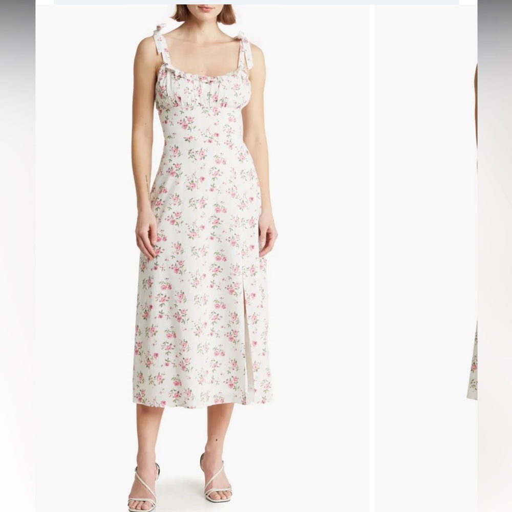 Wayf White Floral Midi Dress with Pink Roses